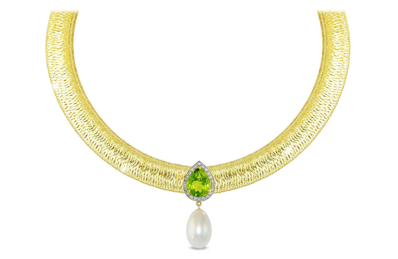 Vera Perla 18K Gold 0.12ct Diamonds, Peridot and 13mm White Pearl Necklace